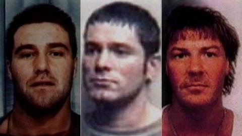 Left to right: Craig Rolfe, Tony Tucker and Pat Tate. Mr Rolfe appears to be in custody, appearing with dark hair and unshaven. Mr Tucker also has short dark hair and appears younger. Mr Tate has long dark hair and slight moustache.