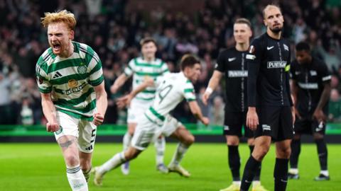 Liam Scales celebrates scoring for Celtic