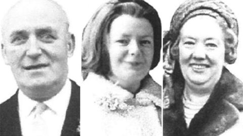 Three black and white photographed portraits sits side-by-side. On the left is a bald man in a black suit and white shirt. The middle photo is a woman with medium length brown hair, wearing a white dress. The woman on the right wears a dark-fur coat. She has medium length-curly brown hair.