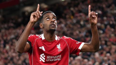 Alexander Isak celebrates scoring for Liverpool at Anfield against Southampton in Carabao Cup