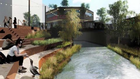 An artist's image of a river, with grass along the sides and steps made of white bricks, on which a woman is sitting feeding two brown geese