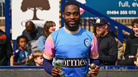 Fred Onyedinma with the Wycombe Supporters' and Players' player of the season awards