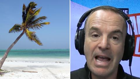 Composite of a palm tree on a deserted beach, and Martin Lewis