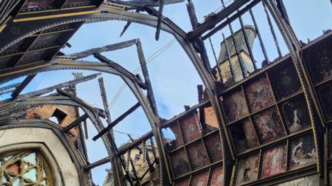 Fire damaged St Aloysius Chapel, Ushaw College, County Durham