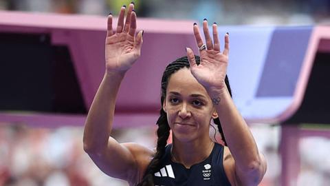 Katarina Johnson-Thompson acknowledges the crowd at the 2024 Olympics in Paris