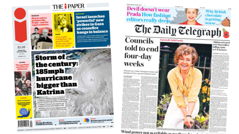 A composite image of front pages of The i Paper and The Daily Telegraph. The headline on the former reads "storm of the century: 185mph hurricane bigger than Katrina" and a caption of a photo on the latter reads "Farewell, Sybil Fawlty".