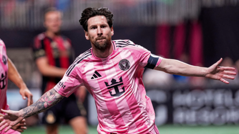 Inter Miami forward Lionel Messi celebrates scoring a goal against Atlanta United