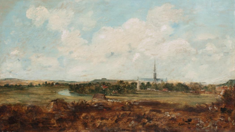 Image shows John Constable's oil painting titled 'View from Salisbury to Harnham'. The landscape painting depicts Salisbury Cathedral, the River Avon and the surrounding water meadows