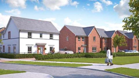 A CGI mock-up of several two-storey new-build homes. One house is white with a grey pitched roof. The house next to it is red brick and a similar design. A woman and a child walk on a path outside the buildings.