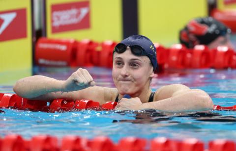 Imogen Clark celebrates winning the women's 50m breaststroke final during day one of Aquatics GB Swimming Championships
