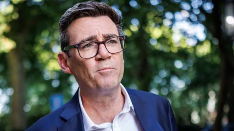 Labour MP Andy Burnham leaves Millbank studios after speaking on LBC's Andrew Marr show on July 02, 2026 in London, England.
