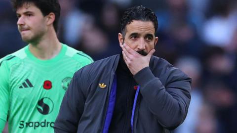 Manchester United manager Ruben Amorim looks dejected after the Premier League match against Tottenham Hotspur
