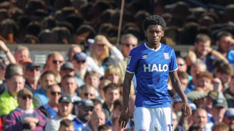 Jaden Philogene in action for Ipswich against Portsmouth