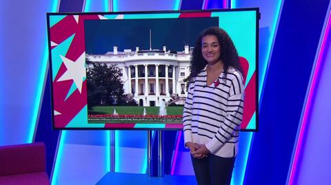 Nina in the studio with the White House in the screen