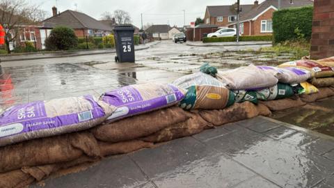 A row of sandbags stacked across a paved area, with a residential street in the background.