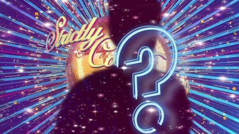 A picture of a silhouette in front of the glitterball trophy and Strictly Come Dancing sign - along with a giant question mark.