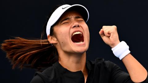 Emma Raducanu celebrates after beating Camila Osorio in Hobart
