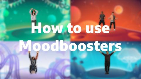 Large white text reads, 'How to use Moodboosters' with people dancing/moving in the background.
