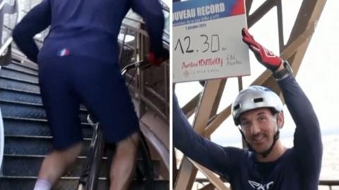 Aurélien Fontenoy cycling up a set of stairs next to him smiling and holding up his world record time on a board