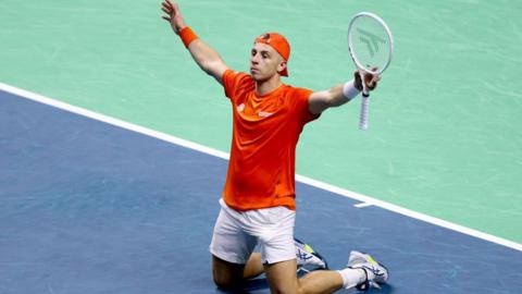 Dutchman Tallon Griekspoor celebrates after beating Germany's Jan-Lennard Struff in the Davis Cup semi-finals