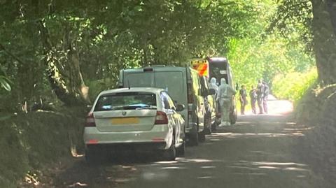 A line of cars and vans are parked in a lane. There is a group of people dressed in forensic suits and a group of uniformed officers. The lane is dappled with light and there are woods either side of it.