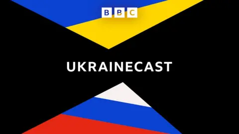 The BBC Ukrainecast logo on a black background