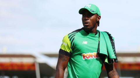 Jofra Archer of Southern Brave looks on during The Hundred match between Birmingham Phoenix Men and Southern Brave Men at Edgbaston