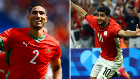 A composite image showing Morocco's Achraf Hakimi smiling as he celebrates and goal and Egypt's Ibrahim Adel wheeling away with arms spread wide in celebration