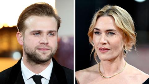 Leo Woodall and Kate Winslet in a composite image - he wears a black suit and white shirt, she has a black dress on which can just be seen