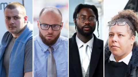 A composite image of four people. The one on the far left is bald and wearing a grey t-shirt and a blue jumper around his neck. The man next to him has black glasses and a beard, and wheres a light blue shirt and silver tie. The next man has dreadlocks and a black jacket over a white shirt and tie. The woman on the right has glasses on her forehead and curly brown hair with a black coat over a black jumper and white shirt.
