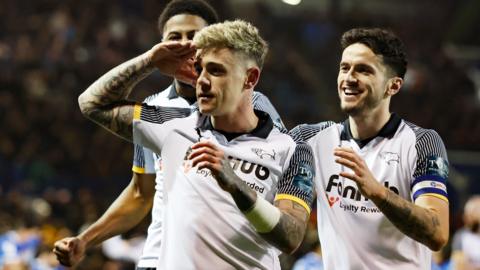 Sam Szmodics celebrates a goal for Derby