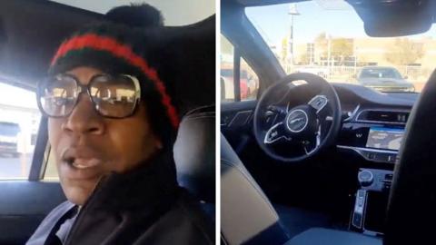 Split screen of a man facing the camera on the left and the steering wheel and driving area of a driverless car on the right.