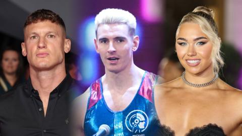 A combined image of three Gladiators, one in the shiny blue outfit, the other two dressed for a red carpet
