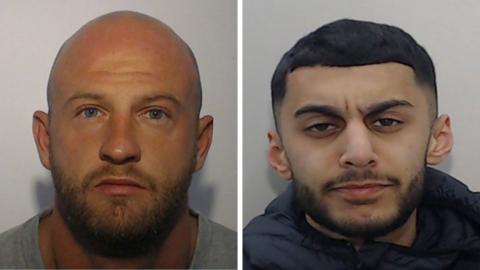 Morgan (left) has a bald head and a short beard, he wears a grey T-shirt. Shazad has short dark hair an a short dark beard. He wears a dark blue jacket