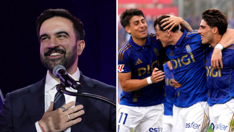 Zohran Mamandi (left) and Real Oviedo players (right)