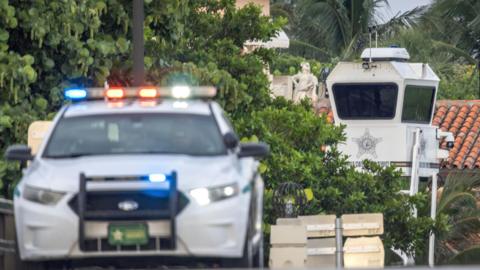 A US Secret Service observation tower is placed at the entrance of Former President Donald Trump's Mar a Lago club in West Palm Beach, Florida, USA, 16 September 2024.