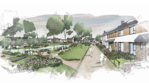 An artist's impression of the central open space area for the proposed development at Brynsworthy. In a cartoon style a large woodland area is seen with houses around the development. 
