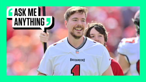 Youtube personality MrBeast runs on to the field prior to a game between the Tampa Bay Buccaneers and the Atlanta Falcons in 2023