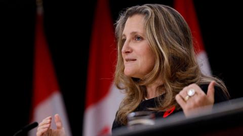 Chrystia Freeland, a woman with long light brown hair, gestures with her hands and speaks into a microphone