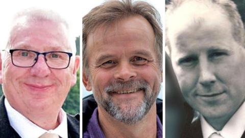 Donald Dinnie, Christopher Stuchbury and Brett McCullough - images of three men looking at camera in individual images, one wearing glasses, one with a beard, the third a black and white image of a man in shirt and tie.