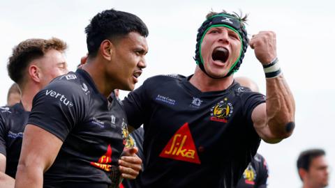 Len Ikitau and Ross Vintcent celebrate for Exeter