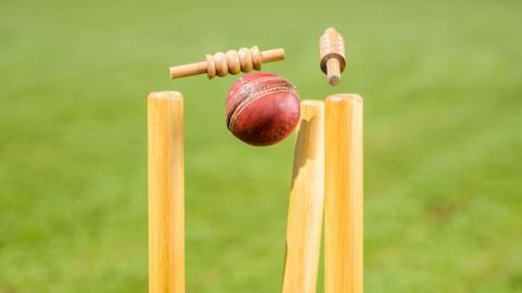 A cricket ball hitting a wicket. Grass in the background.