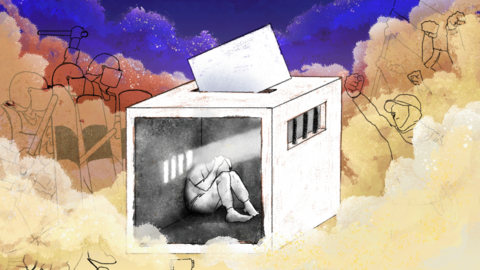 Illustration of a man in a cell in the form of a ballot box
