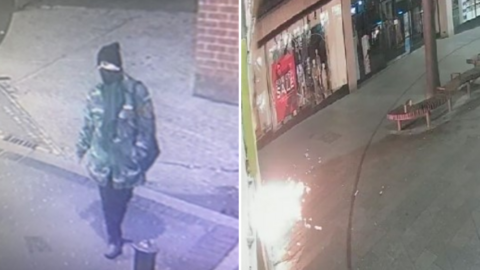 CCTV images show a woman wearing a camouflaged jacket, face coverings and a hat at the scene of crimes, where explosive substances were used to cause damage to businesses in Norwich