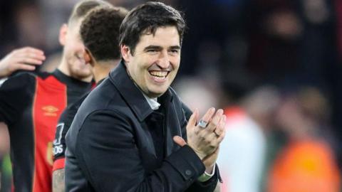 Bournemouth coach Andoni Iraola celebrates after the spectacular win against  Nottingham Forest