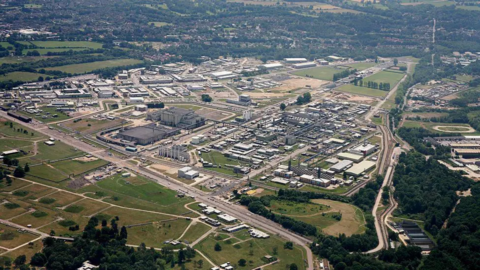 Aerial shot of the Atomic Weapons Establishment at Aldermaston Set in the Berkshire countryside - a factory style setting.
