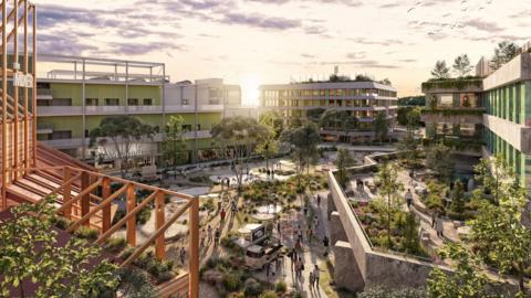 An artist's impression of multi-storey buildings with a pedestrianised square. Green plants are dotted around the site and the bright sun is visible through two of the buildings