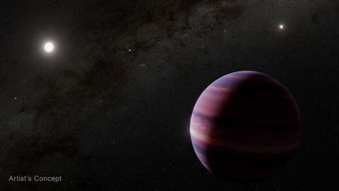 This artist’s concept shows what a gas giant orbiting Alpha Centauri A could look like. In this concept, Alpha Centauri A is depicted at the upper left of the planet, while the other Sun-like star in the system, Alpha Centauri B, is at the upper right. Our Sun is shown as a small dot of light between those two stars.