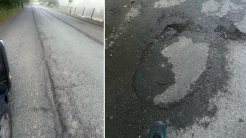 Two images of road damage, the left showing two long deep parallel ruts in the road far in the distance and the right a pothole next to a foot making it about a metre wide