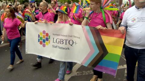 A Civil Service banner at the 2025 Belfast Pride parade